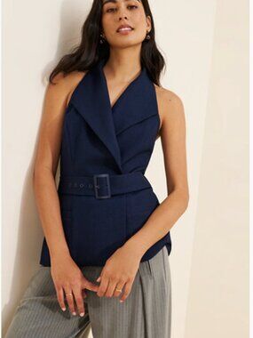 NWT - Hutch Navy Sleeveless Belted Halter Vest Top - sz M